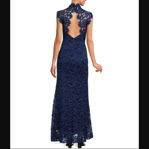 ELIZA J Blue Lace Cutout Back Illusion Mock Sleeveless Gown Prom Formal Dress 10 - Picture 3 of 9